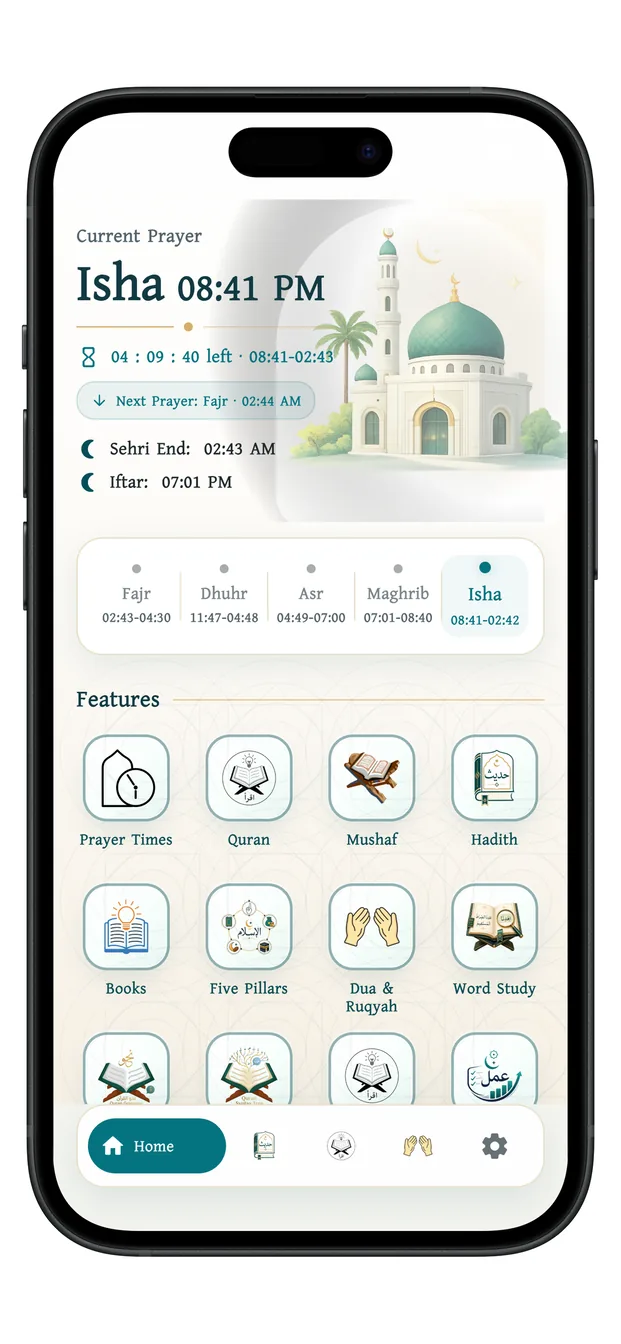 Daily Muslim prayer times and home screen