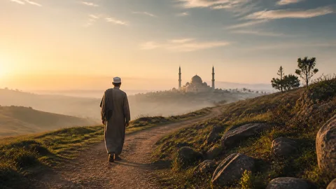 A Muslim walking along a dawn path toward a distant mosque